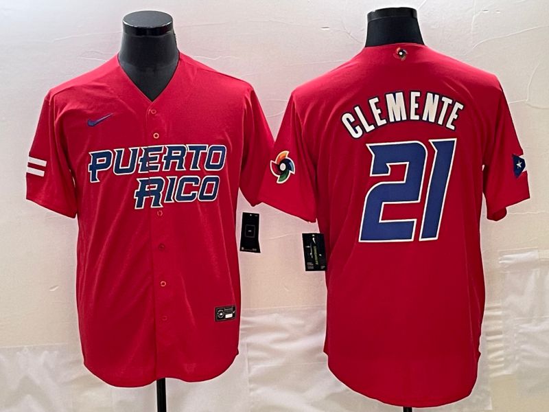 Men 2023 World Cub Puerto Rico #21 Clemente Red Nike MLB Jersey2